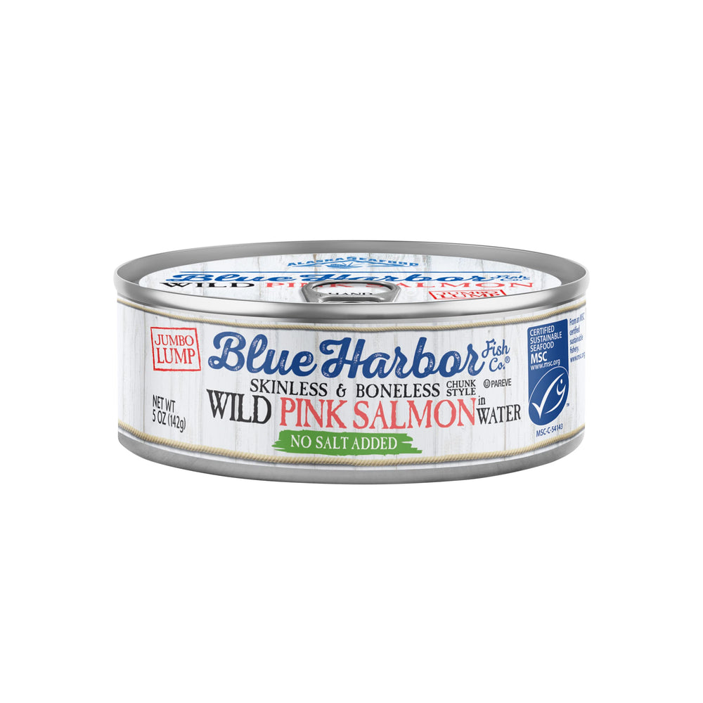 Blue Harbor Wild Pink Salmon in Water No Salt Added 5oz can offers convenient, protein-rich meals.