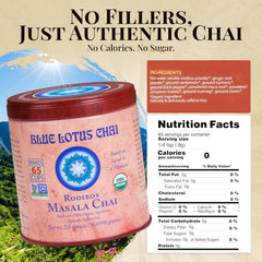 Blue Lotus Chai scoop in tin for easy measuring and customizable strength.