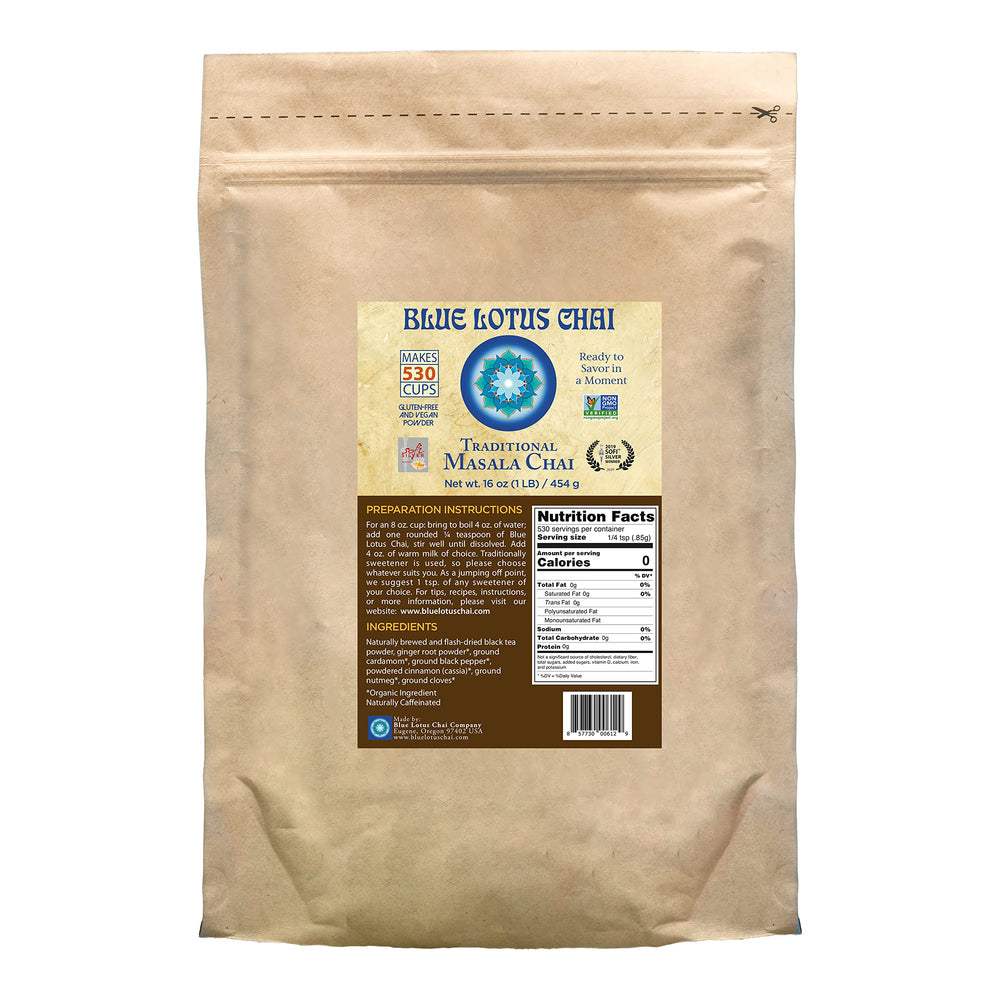 Blue Lotus Chai tin close-up shows authentic spice blend for rich flavor.