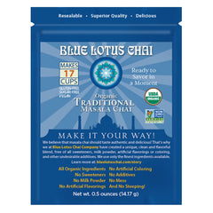 Blue Lotus Chai tin front showing branding and authentic chai packaging.