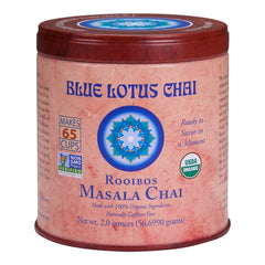 Blue Lotus Chai tin front showing premium spice blend for quick, authentic chai.