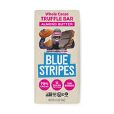 Blue Stripes almond butter whole cacao bar packaging, gluten-free and vegan.