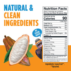 Blue Stripes Cacao Superfruit Gummies close-up shows tropical flavors and chewy texture, satisfying bite.