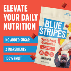 Blue Stripes Cacao Superfruit Gummies nutrition label highlights 9 essential nutrients.