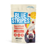 Blue Stripes Cacao Superfruit Gummies packaging highlights a vegan, no added sugar snack option.