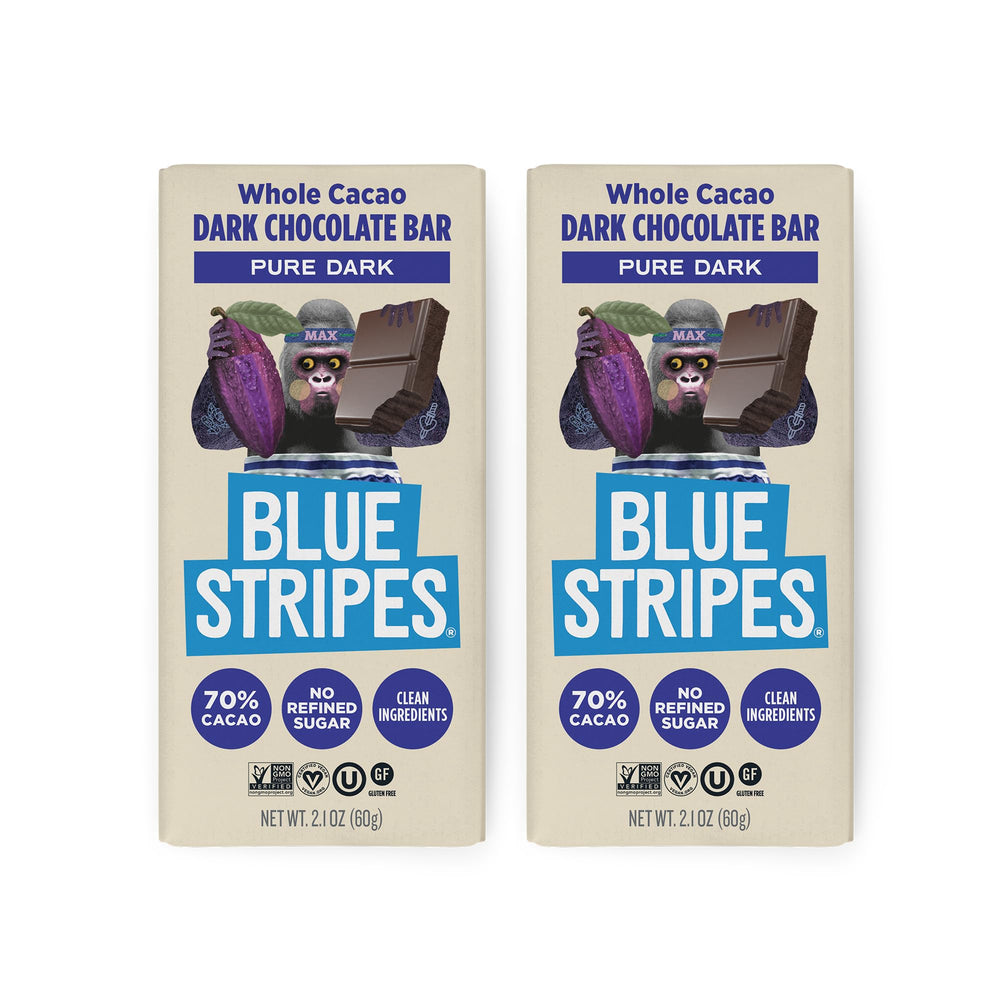 Blue Stripes pure dark cacao bar 70% close-up, ideal for mindful snacking.