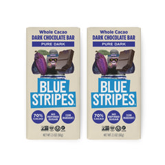 Blue Stripes pure dark cacao bar 70% close-up, ideal for mindful snacking.