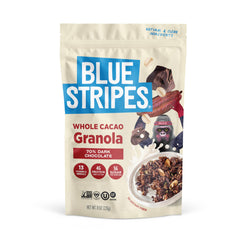 Blue Stripes Whole Cacao Granola bowl with fruits, protein-packed breakfast