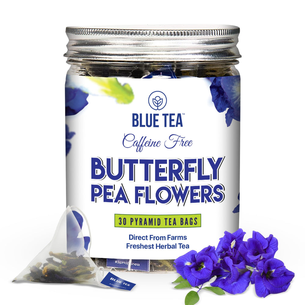 BLUE TEA butterfly pea flower tea bags close-up for a caffeine-free relaxing ritual.