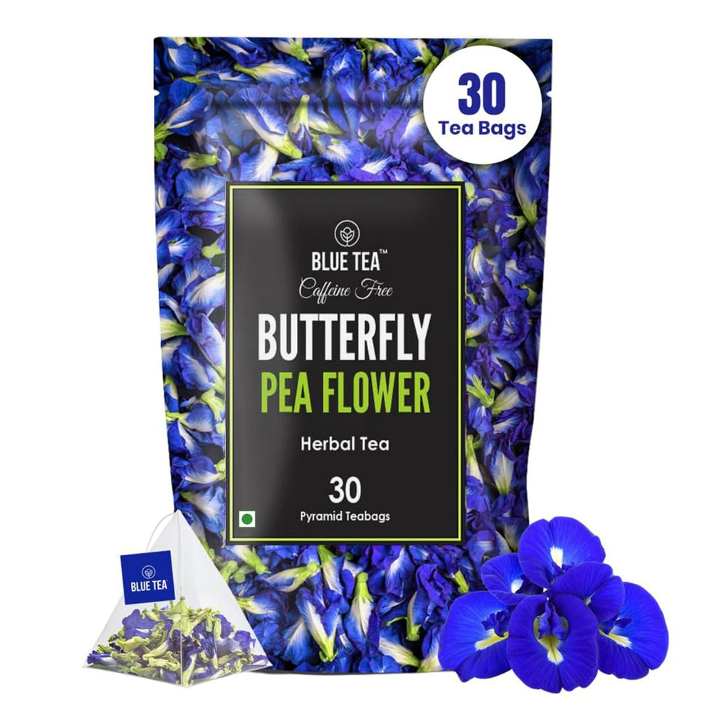 BLUE TEA Butterfly Pea Flower Tea pyramid bag steeping for caffeine-free calm.