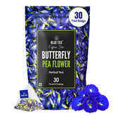 BLUE TEA Butterfly Pea Flower Tea pyramid bag steeping for caffeine-free calm.