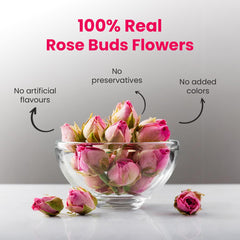 BLUE TEA Rose Buds tea cup steeping captures a soothing, aromatic brew.