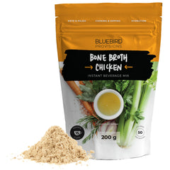 BLUEBIRD PROVISIONS chicken bone broth powder bottle showing product and label.