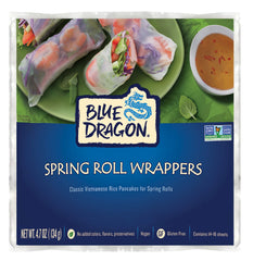 Blue Dragon spring roll wrapper pack, ready for fresh appetizers.