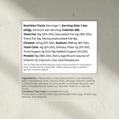 Close-up of Blueprint Bryan Johnson raspberry macadamia bar ingredients showing clean protein