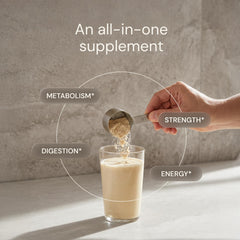 Blueprint Bryan Johnson vegan chai protein shake in glass showcases daily flavor for use.