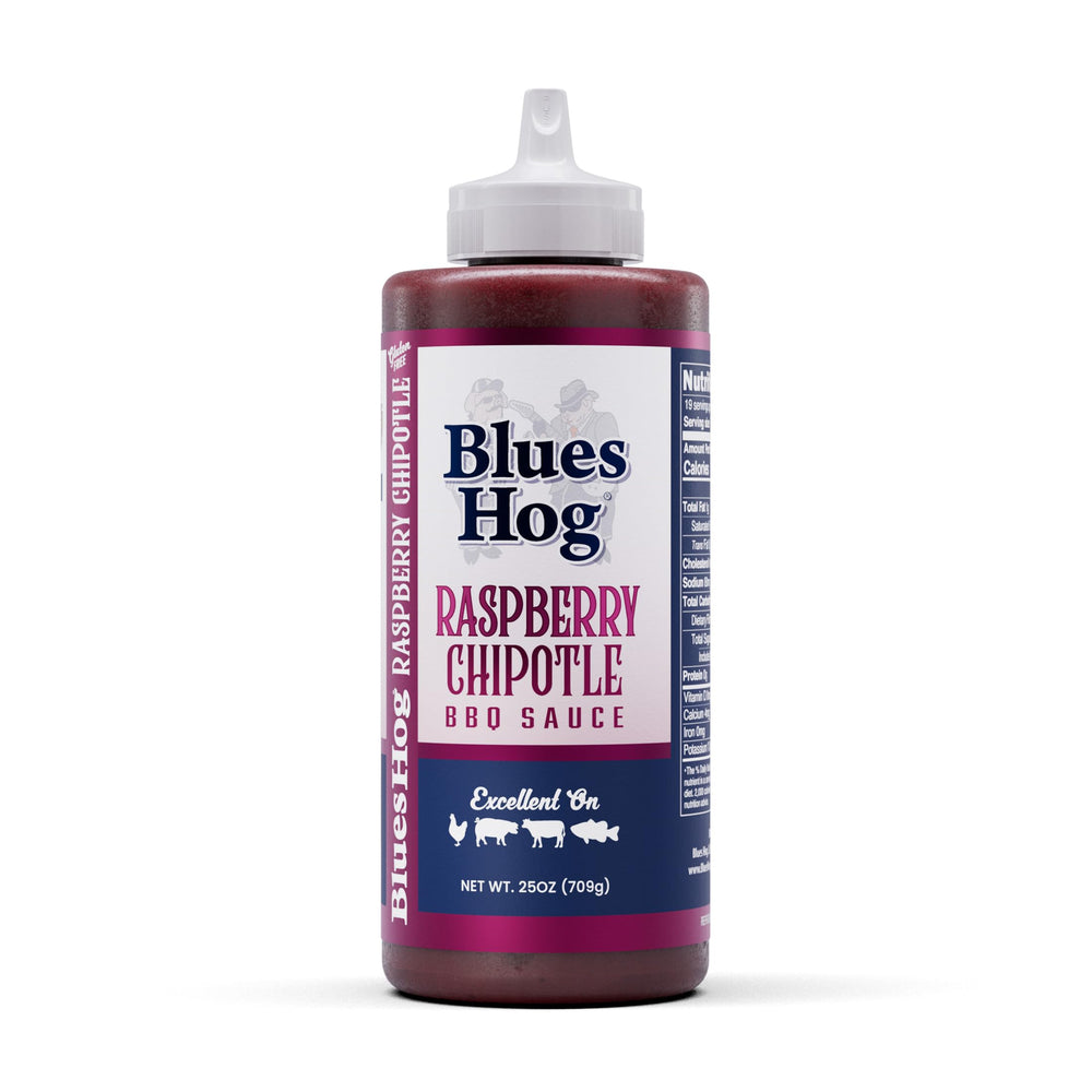Blues Hog Raspberry Chipotle BBQ sauce bottle close-up, fruity flavor with smoky kick for grilling.