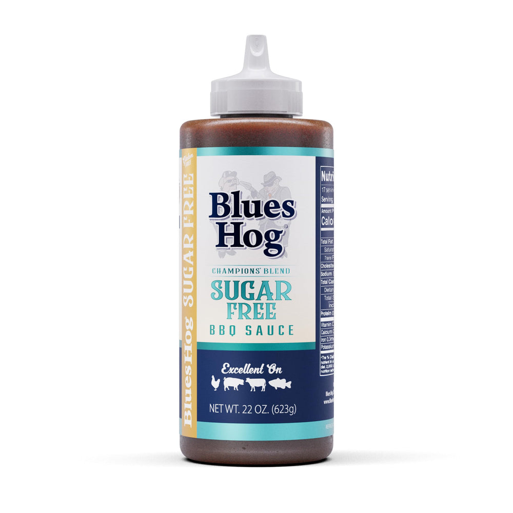 Blues Hog Sugar Free Champions' Blend bottle front view, ready for grilling.