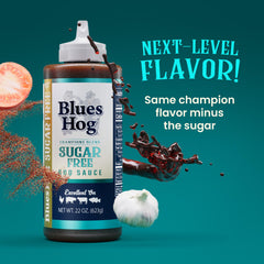 Blues Hog Sugar Free Champions' Blend label, gluten-free and USA-made claim.