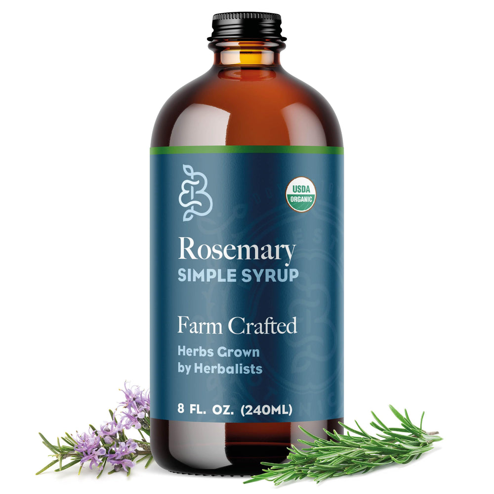 Bluestem Botanicals Rosemary Simple Syrup bottle with aromatic, versatile flavor for drinks.