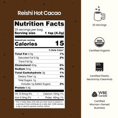 Blume Reishi Hot Cacao Powder tub label with organic cacao and mushrooms.