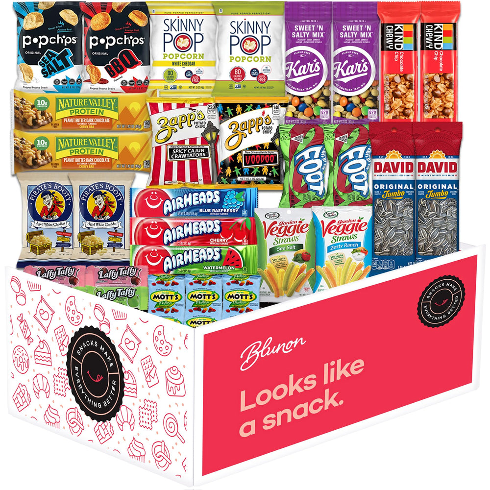 Blunon gluten-free snacks variety box with 30 individually wrapped treats for on-the-go snacking.