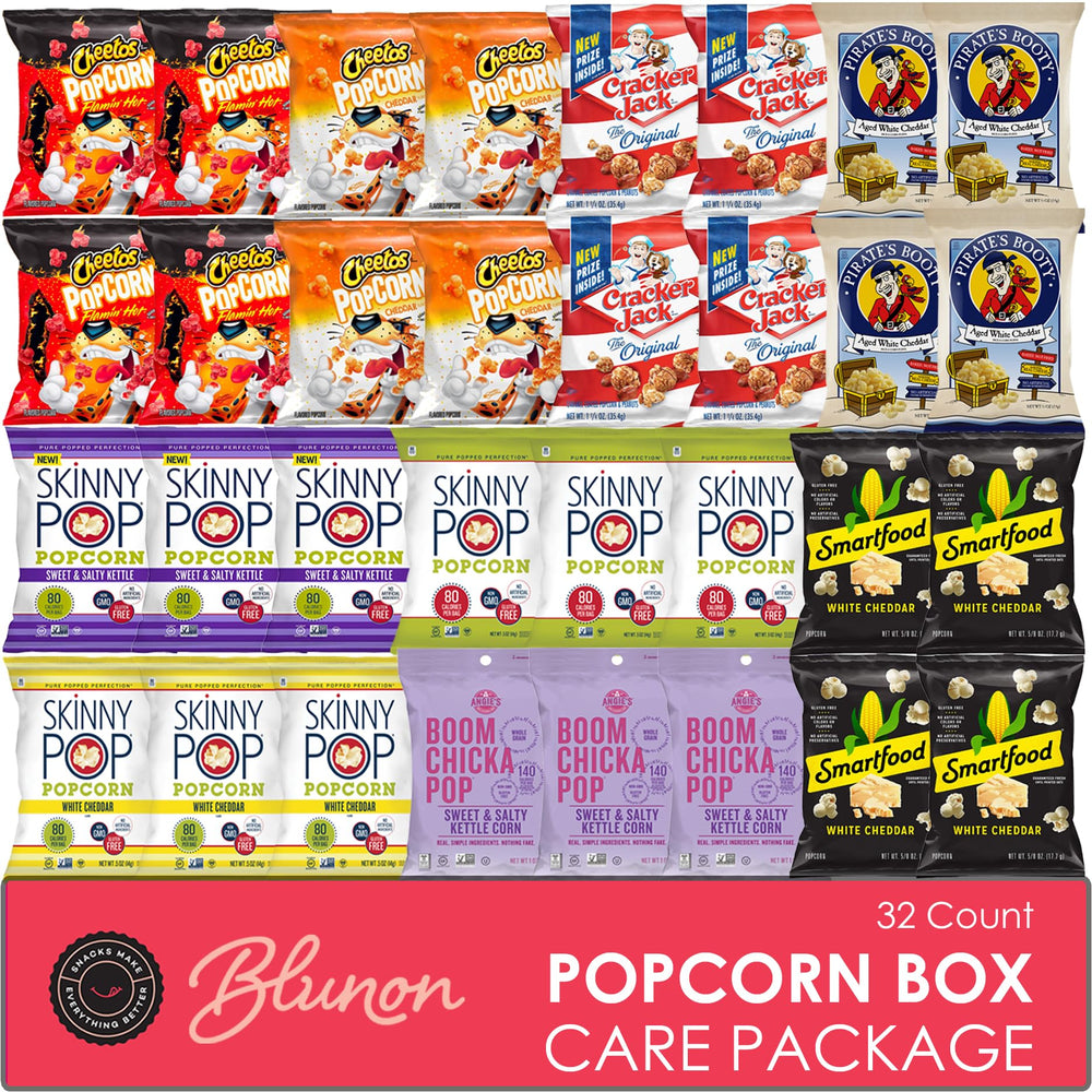 Blunon popcorn variety pack bags display assorted flavors for easy, portion-controlled snacking.