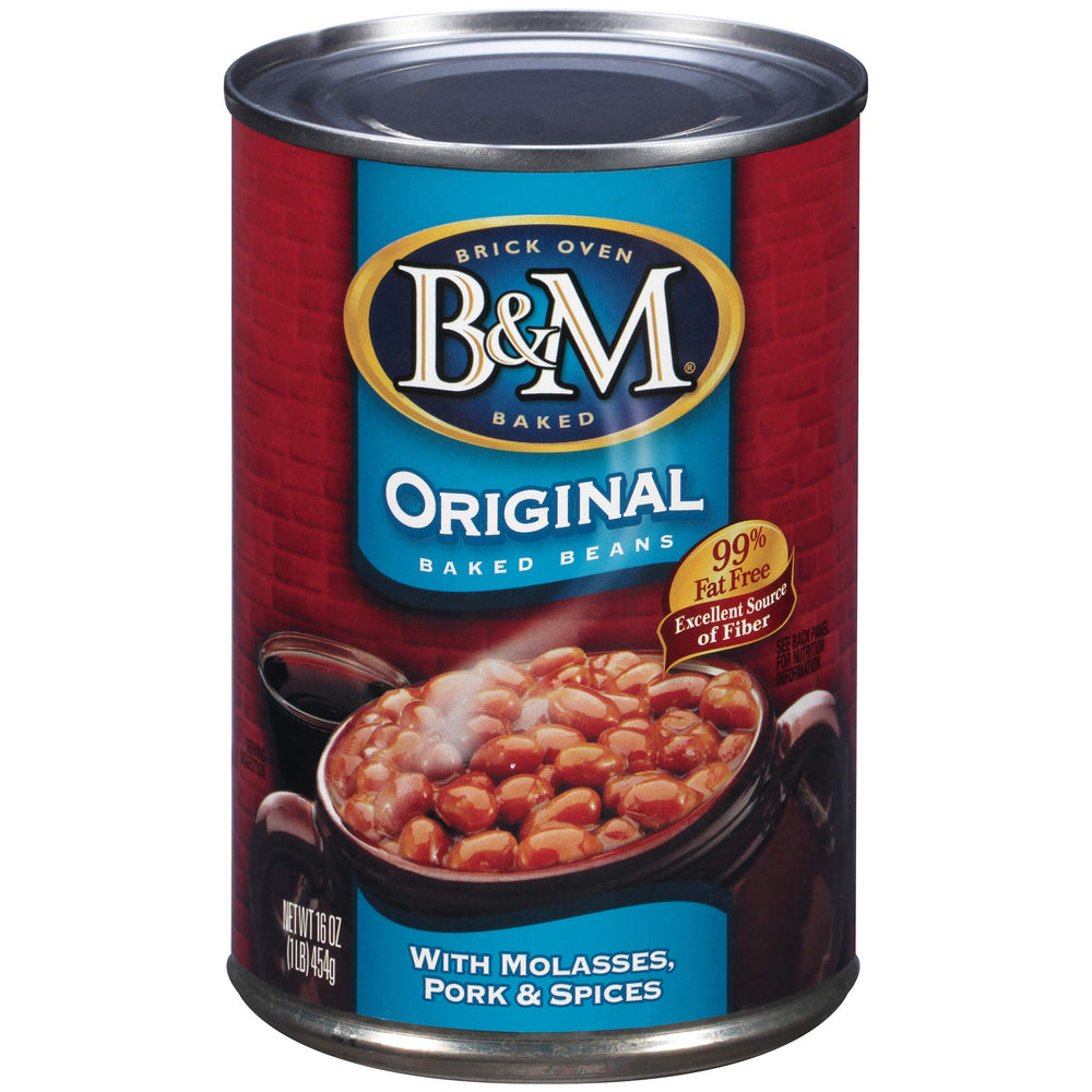 B&M Original Baked Beans in brick-oven view, slow-baked for deep flavor.