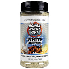 Boars Night Out White Lightning garlic butter bottle pour enhances grilled meats.