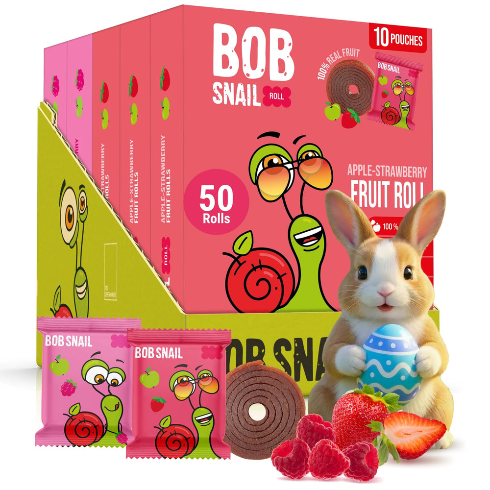 Bob Snail Fruit Roll Ups strawberry raspberry pack showcases natural fruit flavors for a tasty snack.