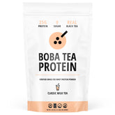 Boba Tea Protein Classic Milk Tea bottle with scoop shows real ingredients for a protein mix anytime snack