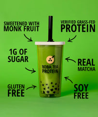 Boba Tea Protein Matcha Latte ingredients panel highlights real matcha and whey.