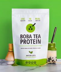 Boba Tea Protein Matcha Latte pour captures smooth texture for a refreshing shake.