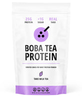 Boba Tea Protein taro milk tea powder in a labeled jar, high-protein mix for on-the-go.