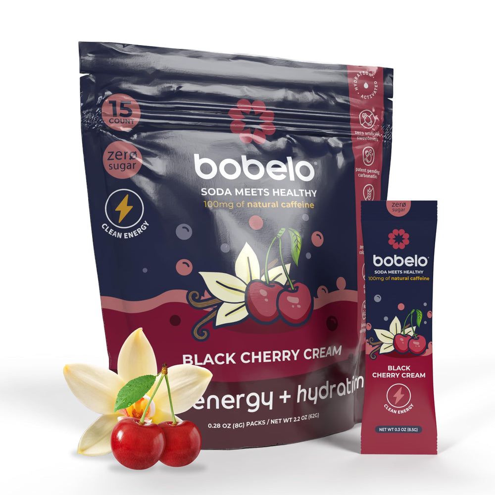 Bobelo Black Cherry Cream energy powder sachet for a sugar-free pre-workout boost