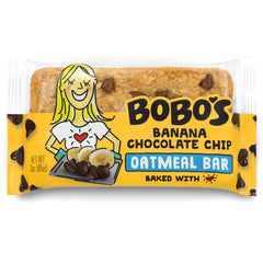 Bobos Banana Chocolate Chip Oat Bar front pack—gluten-free, on-the-go snack.