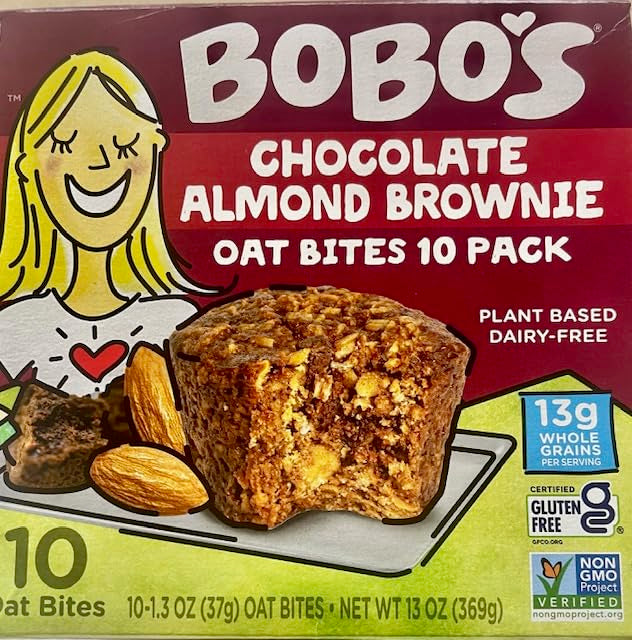 Bobo's Chocolate Almond Brownie Oat Bites box front, gluten-free on-the-go snack.