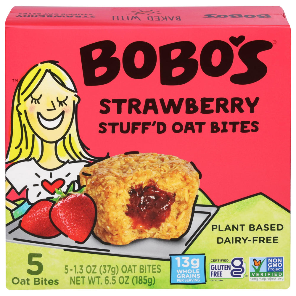 Bobos Oat Bars Bites Stuffed Strawberry 5pc, a tasty, convenient on-the-go snack.