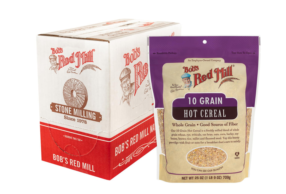 Bob's Red Mill 10 Grain Hot Cereal pack shot with resealable pouches for easy storage.