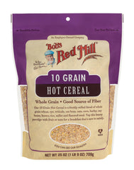 Bob's Red Mill 10 Grain Hot Cereal resealable pouch open for quick breakfast prep.