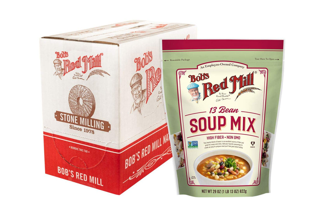 Bob's Red Mill 13 Bean Soup Mix packaging for a four-pack, convenient pantry staple.
