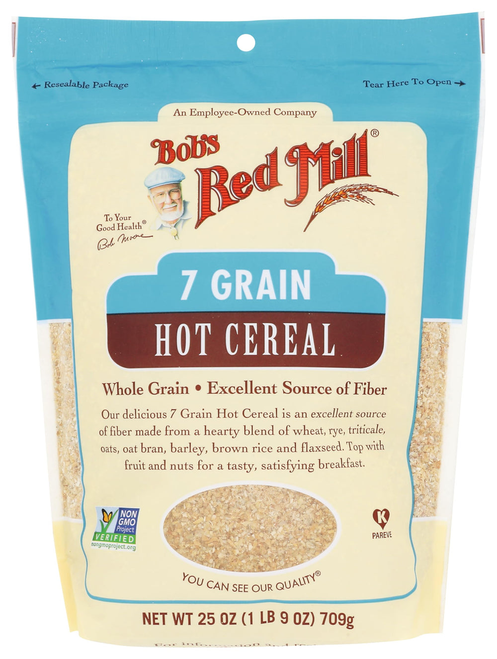 Bob's Red Mill 7 Grain Hot Cereal packaging shows wholesome multigrain breakfast.