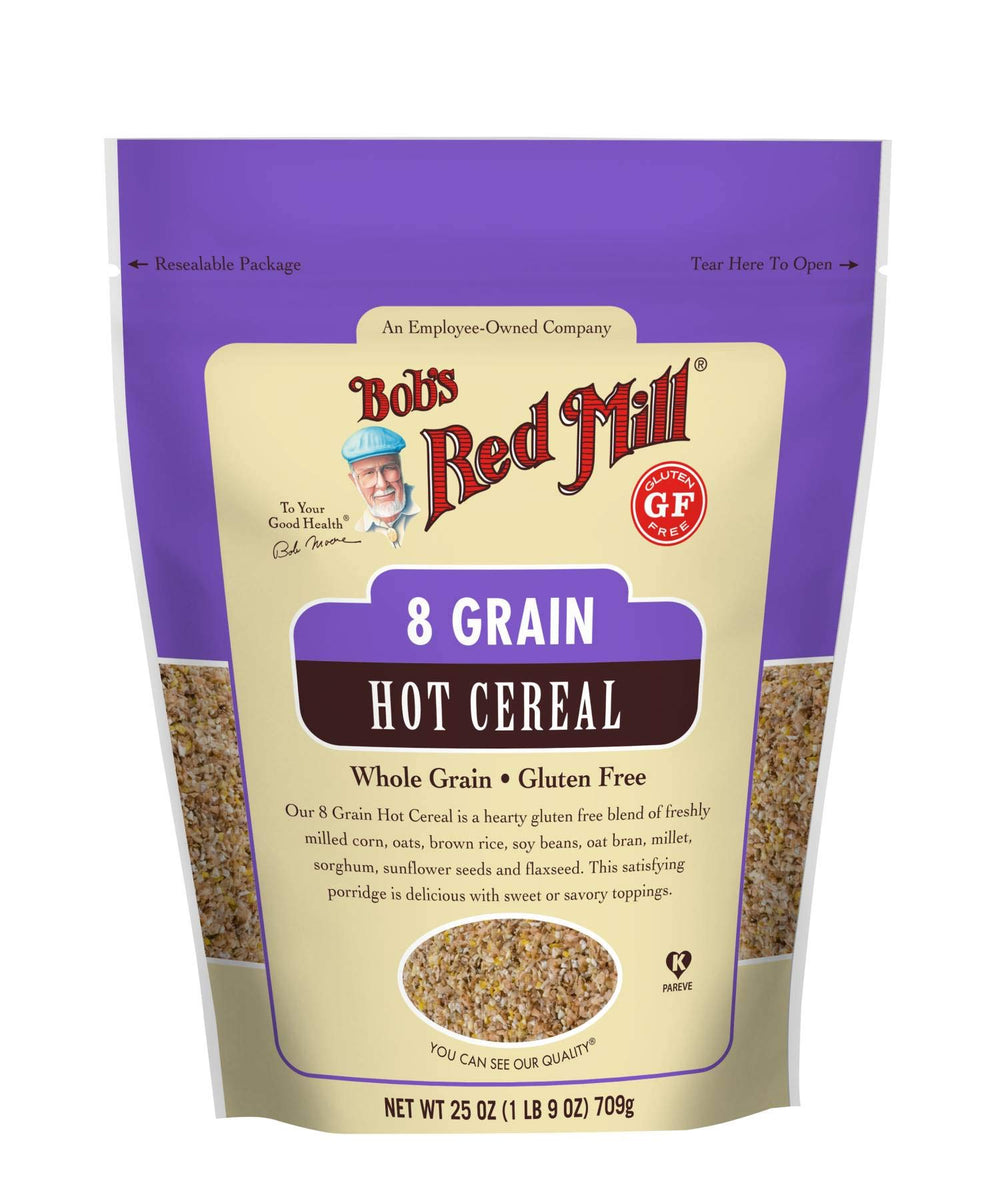 Bob's Red Mill 8 Grain Gluten Free cereal pack shot shows a 27oz container for easy mornings.