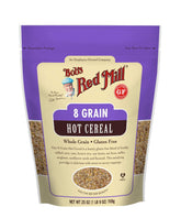 Bob's Red Mill 8 Grain Gluten Free cereal pack shot shows a 27oz container for easy mornings.