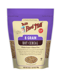Bob's Red Mill 8 Grain Gluten Free cereal pack shot shows a 27oz container for easy mornings.