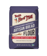 Bob's Red Mill Artisan Bread Flour 5lb bag on a countertop for sourdough.