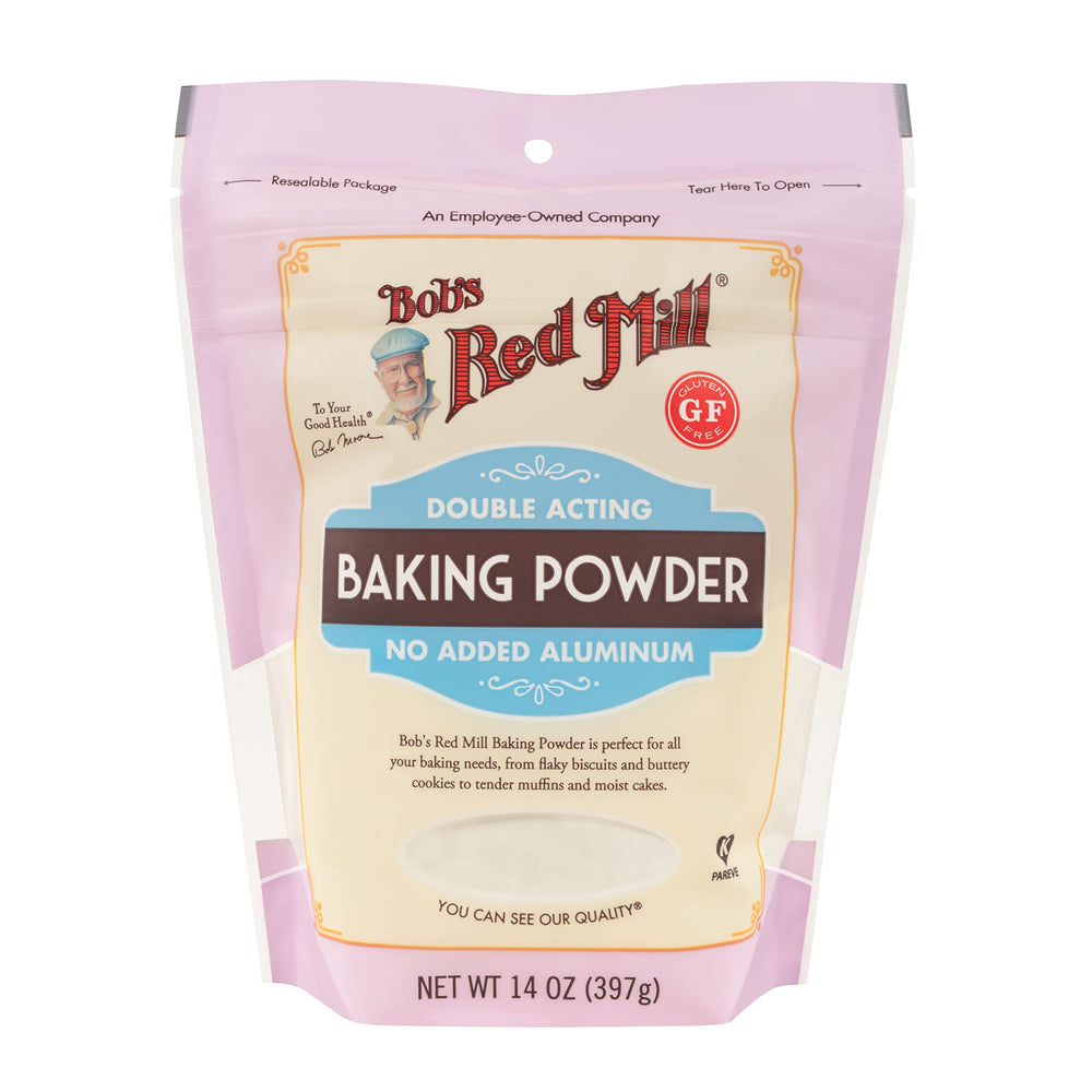 Bob's Red Mill baking powder canister shows reliable rise for cakes.