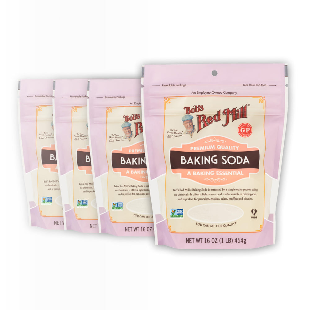 Bob's Red Mill baking soda four-pack front view for versatile kitchen use.