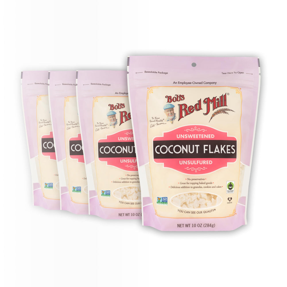 Bob's Red Mill coconut flakes pack front view, ready to sprinkle on oats or desserts.
