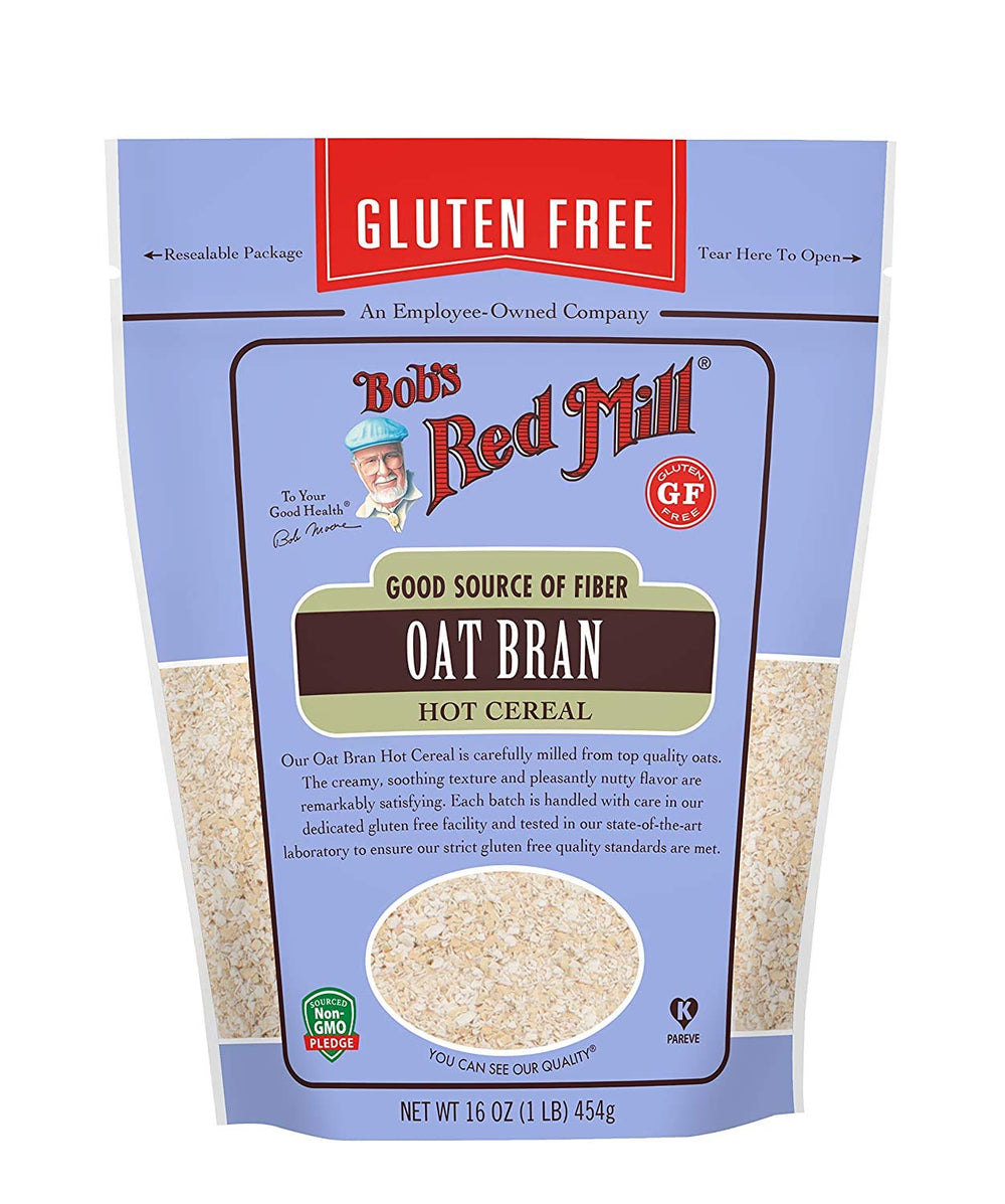 Bob's Red Mill gluten-free oat bran hot cereal bowl featuring creamy texture and fiber-rich oats.